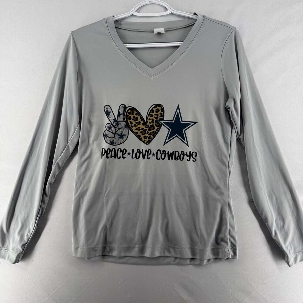 0547 SportTek Women's Long Sleeve V-Neck with Peace, Love, Cowboys Design
